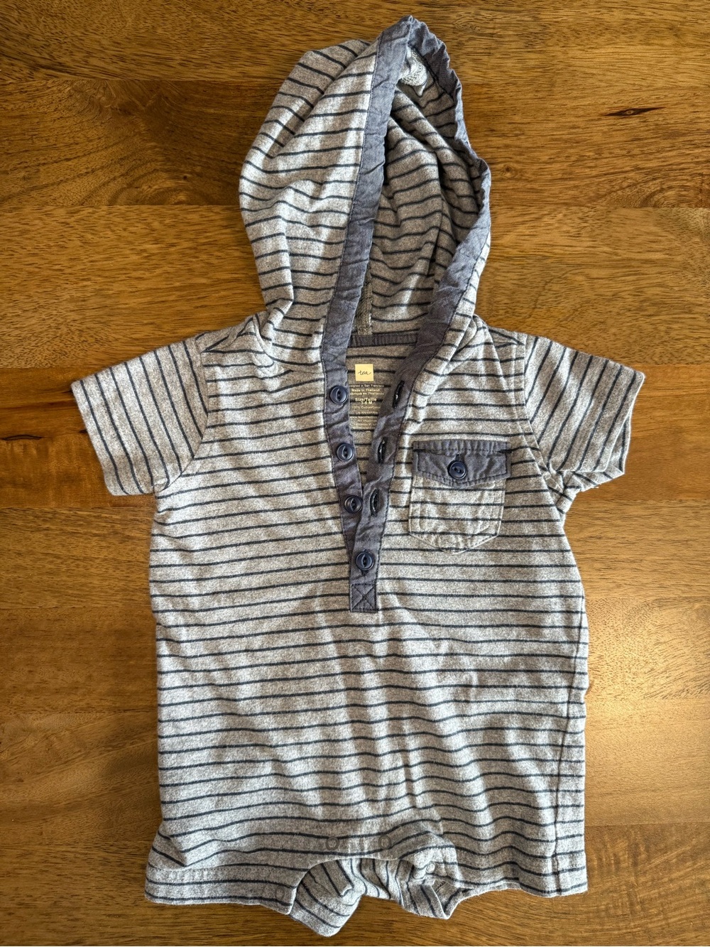 Tea Collection Gray & Navy Striped Hooded Baby Polo Romper